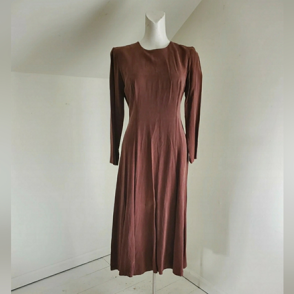 Vintage Maggy London Chocolate Brown Simple Long Sleeve Midi Dress size S
